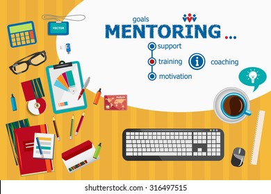 Mentoring and flat design illustration concepts for business analysis, planning, consulting, team work, project management. Mentoring concepts for web banner and printed materials.