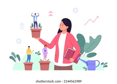 Mentoring growing specialists. Leader growth team employee, mentorship business company, hr specialist grow professional trust leadership vector illustration. Mentor growing professional specialist