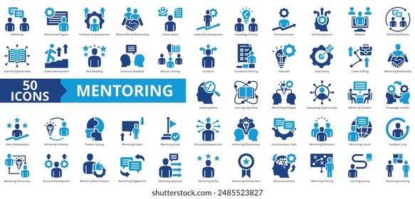 Conjunto de colecciones de iconos de tutoría. Conteniendo programa, desarrollo profesional, relación con el alumno, asesoramiento profesional, liderazgo, intercambio de conocimientos, icono de crecimiento personal. Sencillo Vector plano.