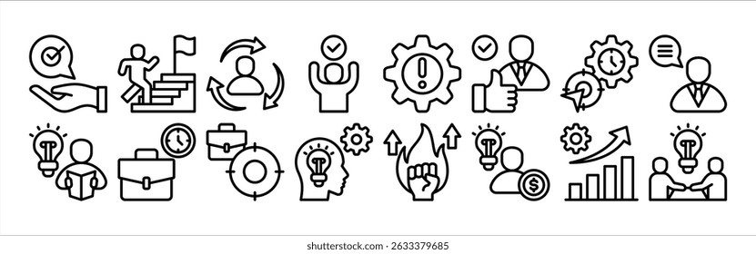 Mentoring icon collection set. Containing Working Time, Focus, Knowledge, Motivation, Entrepreneurs, Growing and Mentoring.