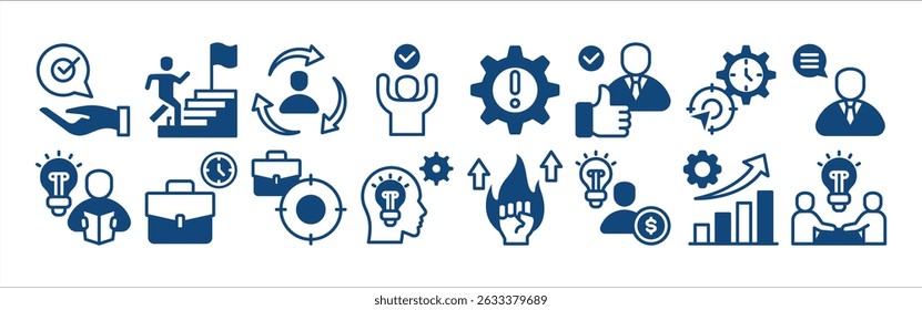 Mentoring icon collection set. Containing Working Time, Focus, Knowledge, Motivation, Entrepreneurs, Growing and Mentoring.