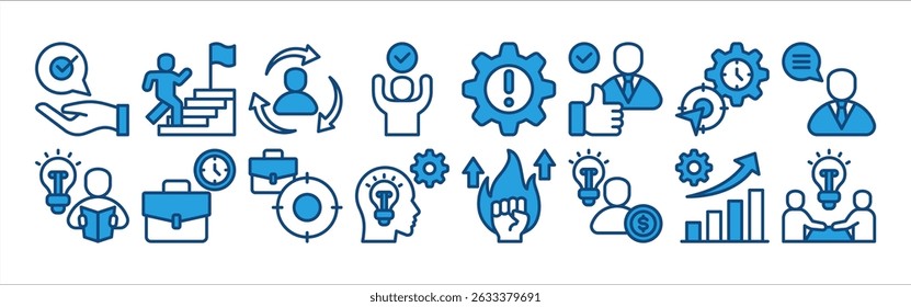 Mentoring icon collection set. Containing Working Time, Focus, Knowledge, Motivation, Entrepreneurs, Growing and Mentoring.