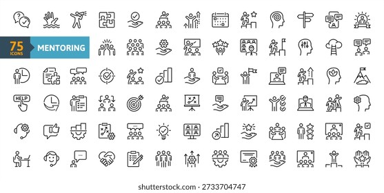 Mentoring icon collection set. Containing program, professional development, mentee relationship, career advice, leadership, knowledge sharing, personal growth icon. Simple line vector.