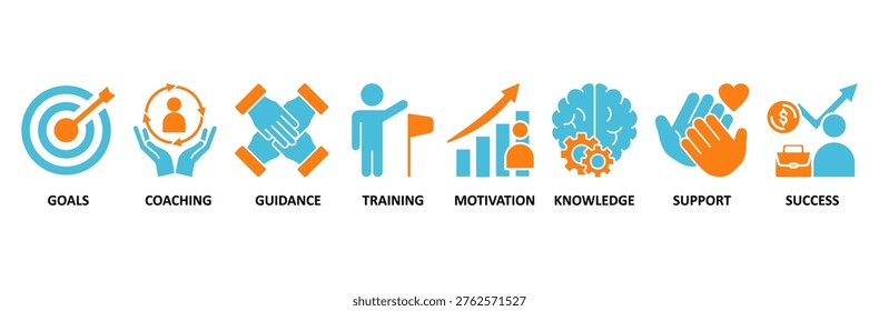 Mentoring icon set Aqua Orange Flat concept for goals, coaching, guidance, training, motivation, knowledge, support, and success