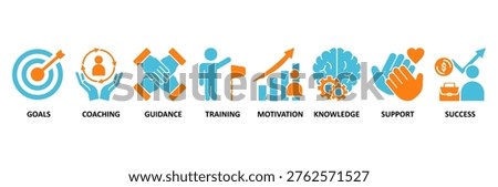Mentoring icon set Aqua Orange Flat concept for goals, coaching, guidance, training, motivation, knowledge, support, and success