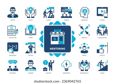 Mentoring icon set. Communication, Mentor, Brainstorm, Learning, Goal Setting, Inspiration, Tutorial, Career. Duotone color solid icons