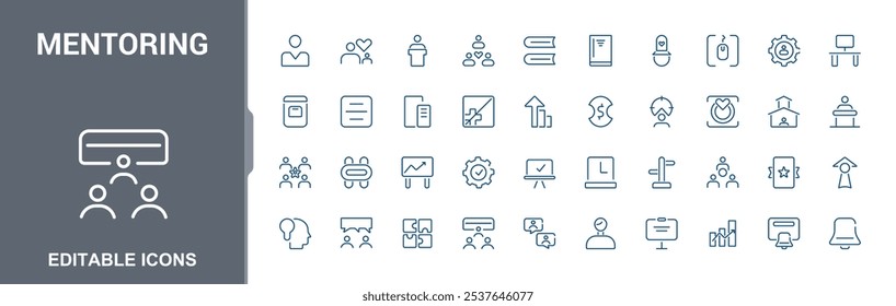 Conjunto de ícones de orientação. Contém relacionados a classe, mentoreamento, carreira, aprendizagem, orientação, profissional e formação mais. Ícones de estilo linear fino. Traçado editável minimalista.