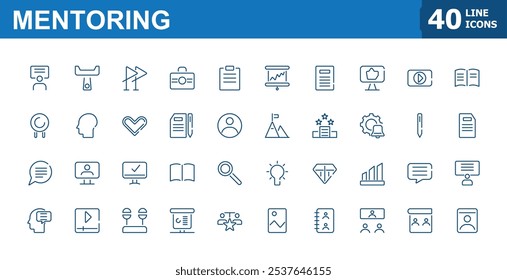 Mentoring icon set. Contains related to class, mentorship, career, learning, guidance, professional and training more. Thin linear style icons. Minimalist editable stroke.