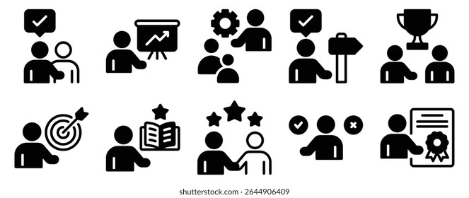 Mentoring Icon Set Solid Style Collection que representa apoio de orientação e desenvolvimento de habilidades adequadas para treinamento de liderança de educação e programas de crescimento pessoal
