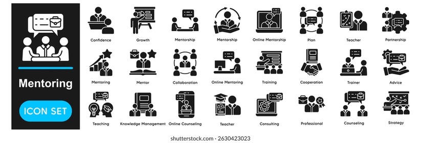 Mentoring Icons Collection related to Mentor, Mentorship, Guidance, Coaching, Support, Advice, Training, Learning, Teaching, Collaboration.