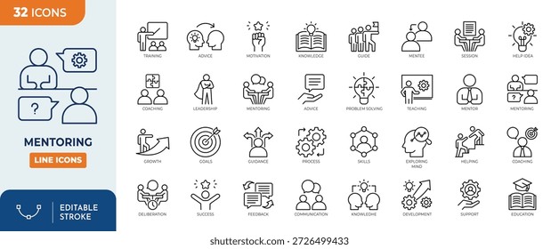 Conjunto de iconos editables de línea de tutoría. Contiene tutoría, coaching, enseñanza, guía, liderazgo, asesoramiento, capacitación, aprendizaje, Asistencia y más. Trazo editable. Ilustración vectorial	
