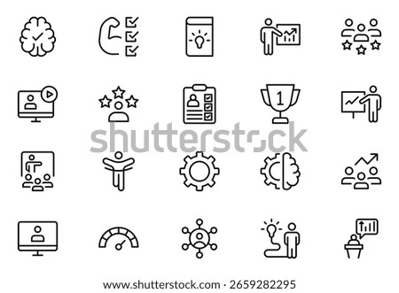Mentoring outline icon set. Mentor, training, skill, leadership, target, time, communication, plan, education, and so on. Vector outline icons set.