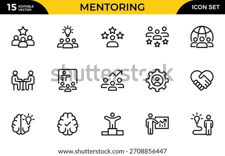 Mentoring outline icon set. Mentor, training, skill, leadership, target, time, communication, plan, education. Thin outline icons pack. Vector illustration