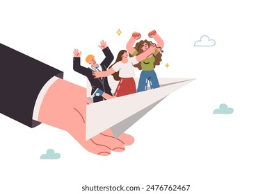 Mentoring and patronage assistance for young employees standing in paper plane flying thanks to support of boss. Concept of importance of mentoring and coaching in corporate industry