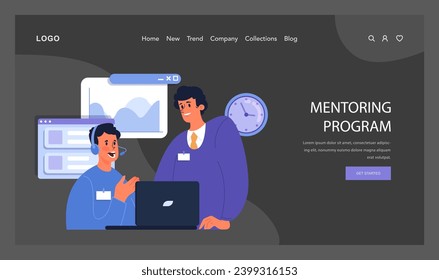 Mentoring Program concept. Senior colleague guiding a young professional, fostering skill development and collaboration in a digital workspace. Flat vector illustration.