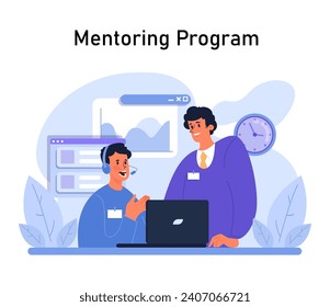 Mentoring Program concept. Senior colleague guiding a young professional, fostering skill development and collaboration in a digital workspace. Flat vector illustration.