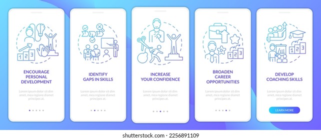 La relación de mentorización se beneficia de la pantalla de aplicación móvil con gradiente azul. Recorrido 5 pasos instrucciones gráficas con conceptos lineales. UI, UX, plantilla GUI. Multitud de tipos de letra Pro-Bold, con uso regular