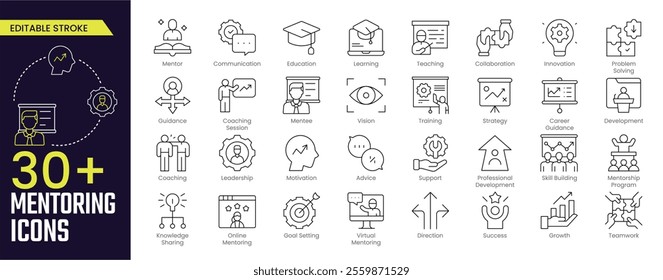 Mentoring Stroke icon collections. Containing Mentor, Communication, Education, Learning, Mentee, Support, Skill Building and Online Mentoring icons. Editable Stroke icon collection Outline icon