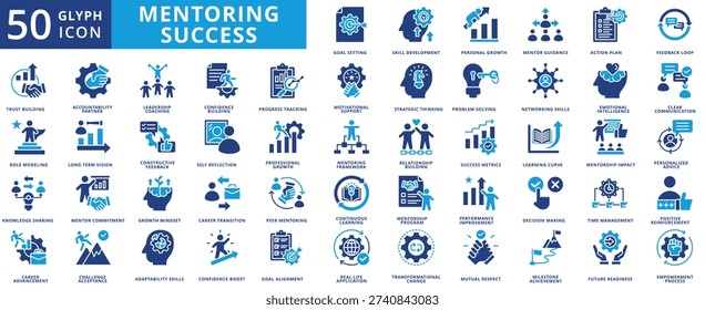mentoring success icon pack flat contains empowerment process, leadership coaching, confidence building, motivational support, professional growth, career advancement, skill development, upskilling