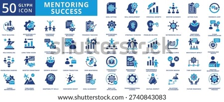 mentoring success icon pack flat contains empowerment process, leadership coaching, confidence building, motivational support, professional growth, career advancement, skill development, upskilling