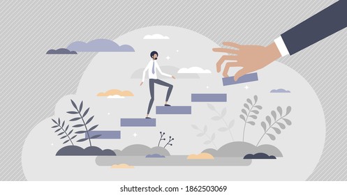 Mentoring support as coach advice to climb career ladders tiny person concept. Strategy guide, help and solution for development and growth vector illustration. Business trainer as help from above.