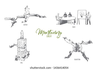 Mentoring, support, coach, skill, brainstorm concept sketch. Economic literacy education, flying arab businessman and businesswoman teamwork, leadership courses banner. Isolated vector illustration