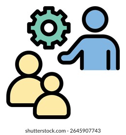 Ilustração de estilo de linha plana do ícone da equipe de mentoreamento representando colaboração e orientação de grupo, adequado para projetos de liderança, coaching e desenvolvimento de equipe