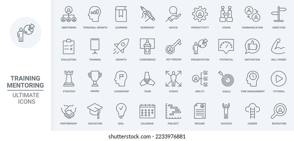 Mentoring, training for business teams thin line icons set vector illustration. Abstract outline career growth, workshop organization and counseling, advices, evaluation and communication with teacher