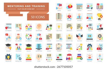 Conjunto de iconos de color plano de tutoría y capacitación. contiene aprendizaje, capacitación, agenda, tutoría, insignia, certificado, objetivo y más. Vector para el concepto moderno, impresión, interfaz de usuario, kit UX, Web y desarrollo de App.