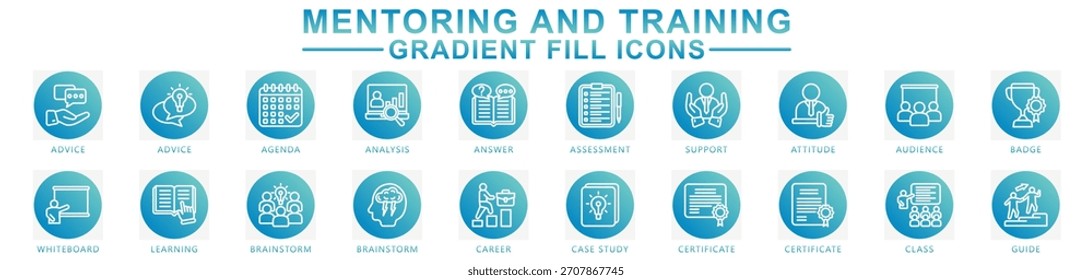 Conjunto de iconos de relleno de gradiente de tutoría y entrenamiento. contiene aprendizaje, capacitación, tutoría, insignia, certificado, objetivo, estudio y más. Vector para el concepto moderno, impresión, interfaz de usuario, kit UX, Web y desarrollo de App.