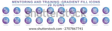 Mentoring and training gradient fill icons set. contain learning, training, mentoring, badge, certificate, goal, study and more. Vector for modern concept, print, UI, UX kit, web and app development.