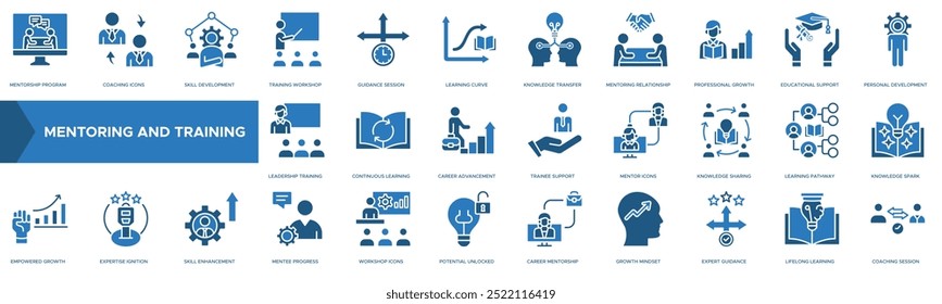 Ícone Mentoring And Training (Orientação e treinamento). Programa de mentoria, ícones de coaching, desenvolvimento de habilidades, workshop de treinamento e sessão de orientação