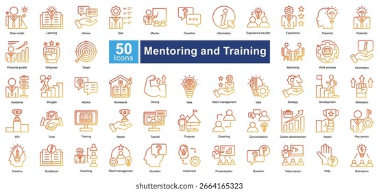 Conjunto de iconos de mentoría y capacitación que contiene 50 iconos que incluyen, modelo a seguir, aprendizaje, asesoramiento, habilidad, mentor, pregunta, información, transferencia de experiencia, experiencia, Vectores simples.