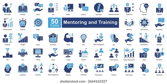 Mentoring and Training icon set containing 50 icons including, role model, learning, advice, skill, mentor, question, information, experience transfer, experience, simple vectors.
