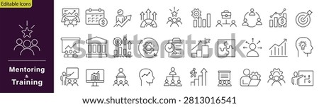 Mentoring And Training icon set. Containing coach teacher, education, career development, guide lesson, workshop skills, and more. Editable stroke. Vector illustration