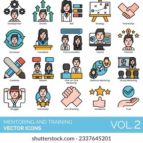 Mentoring and Training Icons including Achievement, Advantage, Advice, Answer, Arm Wrestling, Award, Book, Brainstorming, Candidate, Coaching, Communication, Competition, Creativity, Debate, Decision