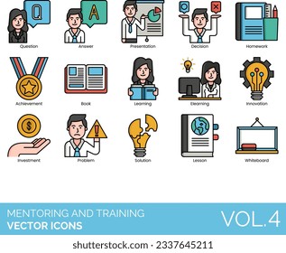 Mentoring and Training Icons including Achievement, Advantage, Advice, Answer, Arm Wrestling, Award, Book, Brainstorming, Candidate, Coaching, Communication, Competition, Creativity, Debate, Decision