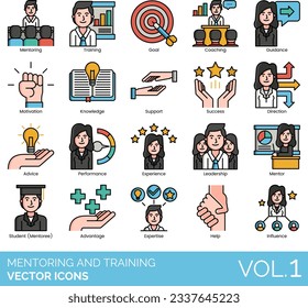 Mentoring and Training Icons including Achievement, Advantage, Advice, Answer, Arm Wrestling, Award, Book, Brainstorming, Candidate, Coaching, Communication, Competition, Creativity, Debate, Decision