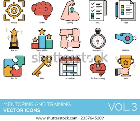 Mentoring and Training Icons including Achievement, Advantage, Advice, Answer, Arm Wrestling, Award, Book, Brainstorming, Candidate, Coaching, Communication, Competition, Creativity, Debate, Decision