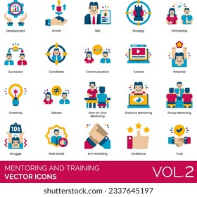  Mentoring and Training Icons Including Brainstorming, Candidate, Coaching, Communication, Competition, Creativity, Debate, Decision, Development, Direction, Distance Mentoring, Elearning, Excellence