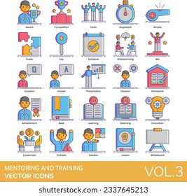  Iconos de mentores y capacitación que incluyen Brainstorming, Candidato, Coaching, Comunicación, Competencia, Creatividad, Debate, Decisión, Desarrollo, Dirección, Mentoría a Distancia, Elearning, Excelencia