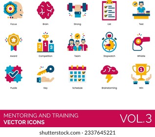  Mentoring and Training Icons Including Brainstorming, Candidate, Coaching, Communication, Competition, Creativity, Debate, Decision, Development, Direction, Distance Mentoring, Elearning, Excellence