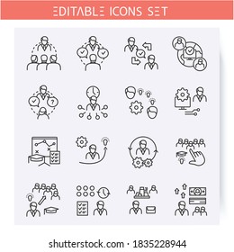 Mentoring types line icons set. Mentoring technologies, ways, specifications. Training workshop. Guidance consulting in business, finance or management. Isolated vector illustrations. Editable stroke 