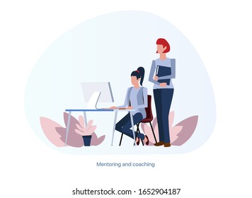 Mentoring, Worker Teaches Another Worker. Senior Accountant. Mentoring, Coaching, Training. Workspace In The Office. Outsourcing Accounting. Illustration In A Flat Style. Editable Objects