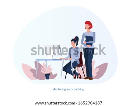 Mentoring, Worker teaches another worker. Senior accountant. Mentoring, Coaching, Training. Workspace in the office. Outsourcing accounting. Illustration in a flat style. Editable objects