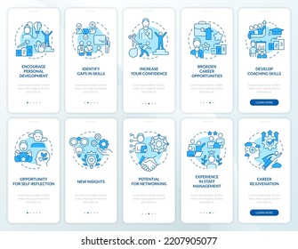 Mentoring In Workplace Benefits Blue Onboarding Mobile App Screen Set. Walkthrough 5 Steps Editable Graphic Instructions With Linear Concepts. UI, UX, GUI Template. Myriad Pro-Bold, Regular Fonts Used