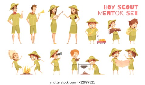 Mentors Guiding Boy Scouts Orienteering With Map Outdoor Camp Activities Retro Cartoon Icons Series Isolated Vector Illustration 