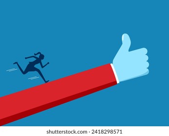 Mentors lead to success. Businesswoman running with big hand showing thumbs up