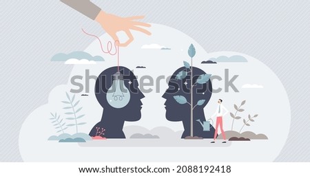 Mentorship or advice from mentor for personal development tiny person concept. Skills growth using guidance and coaching to implement idea in employee head vector illustration. Inspire and motivate.