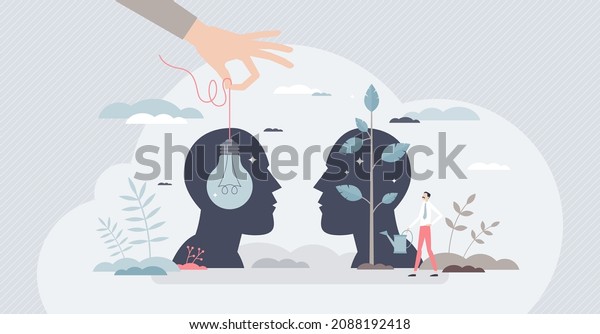 Mentorship or advice from mentor for personal\
development tiny person concept. Skills growth using guidance and\
coaching to implement idea in employee head vector illustration.\
Inspire and\
motivate.
